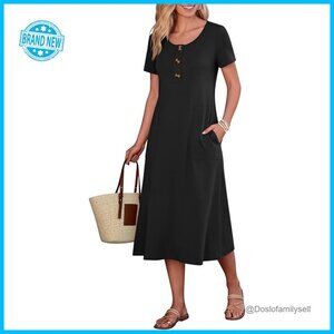 Summer Midi Dress Short Sleeve Button Up Crewneck Casual Loose with Pockets